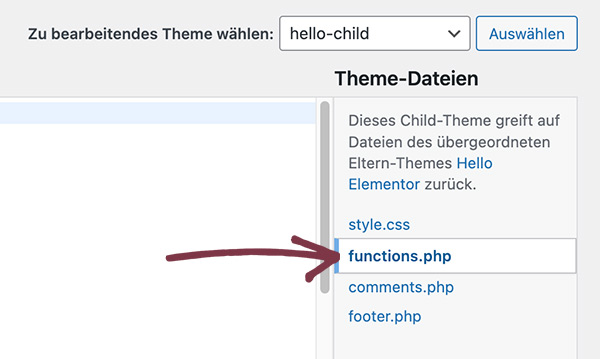 Screenshot aus dem WP-Backend Auswahl der Datei functions.php