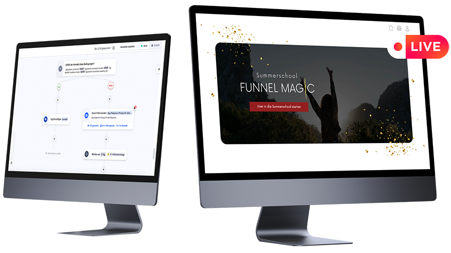 "Funnel Magic" zum Aufbau deiner E-Mail-Liste und deines ersten Funnels: Zwei iMacs zeigen Inhalte der Summerschool.