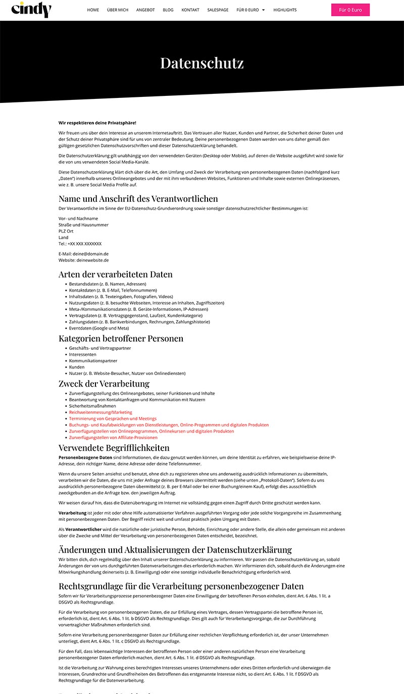 Template Vorschau Datenschutz-Seite